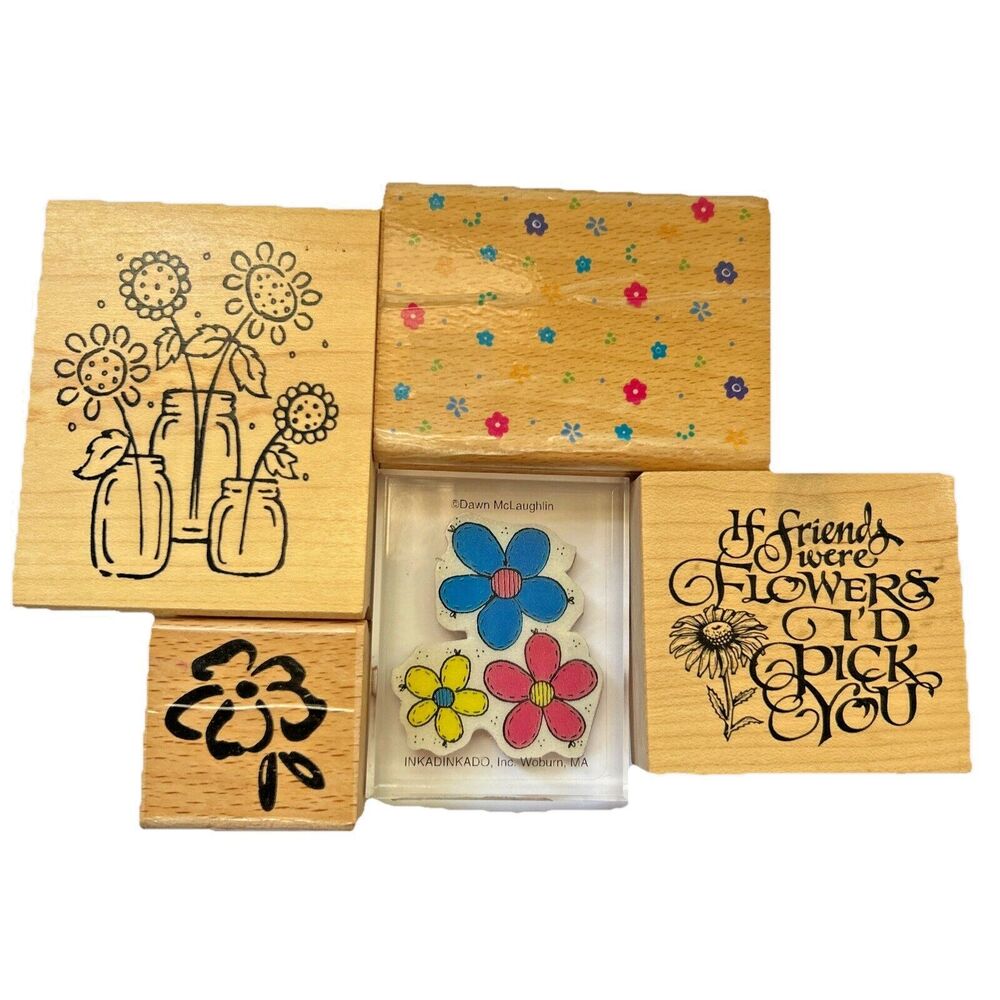 Lot of 5 Rubber Stamps-Floral-If Friends Were Flowers I'd Pick You-Daisy-Jars